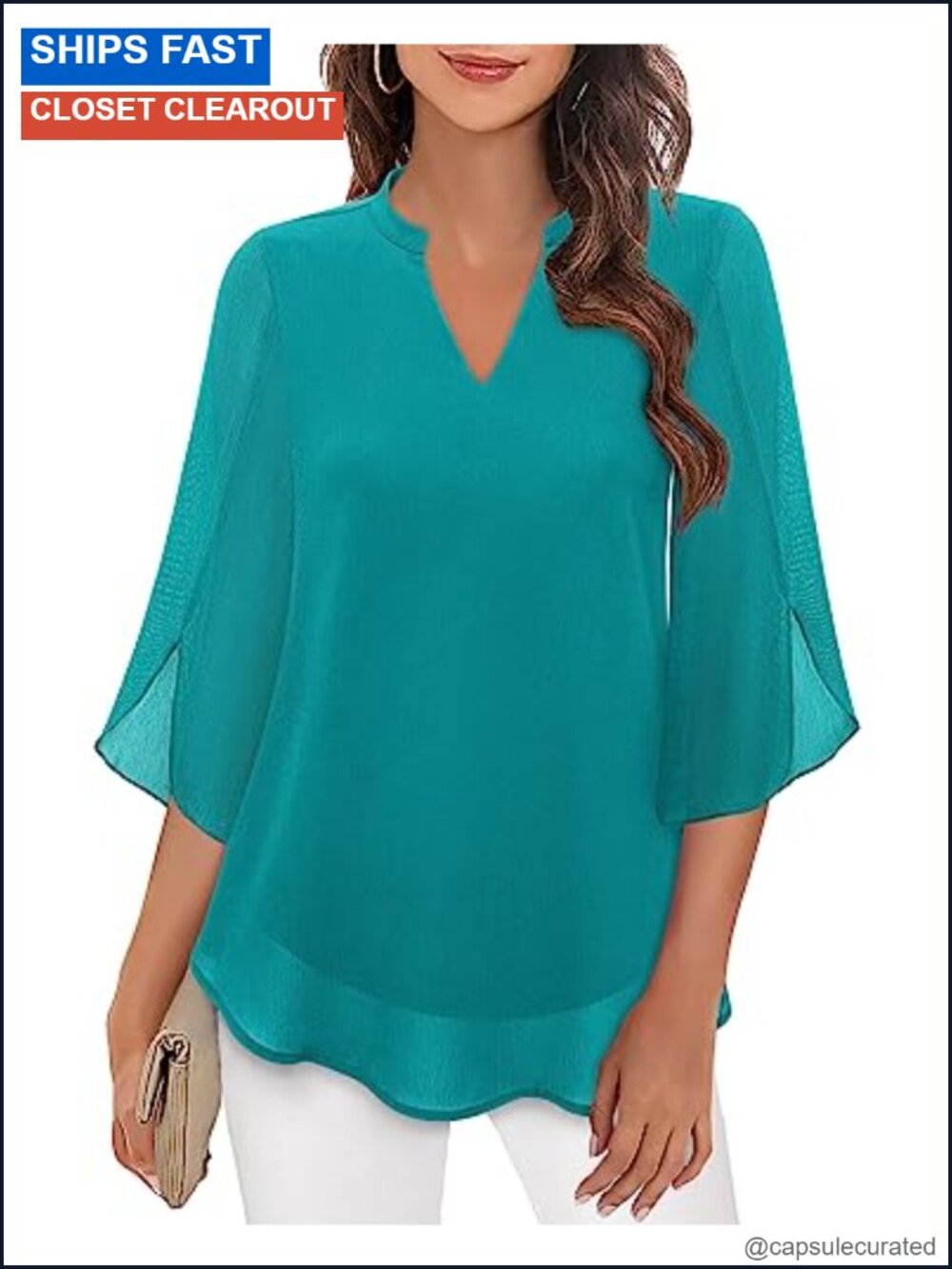 Womens Chiffon Ruffle 3/4 Bell Sleeve V Neck Double Layer Blouse Top